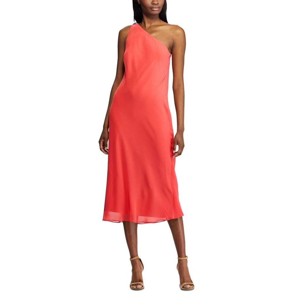 Lauren Ralph Lauren Rhinestone Pin Single Shoulder Chiffon Dress